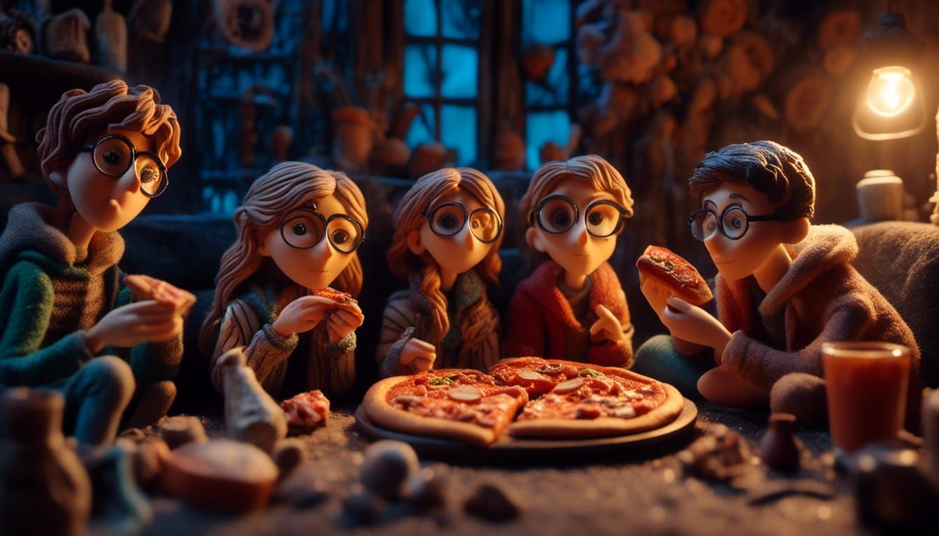 Teenagers Eating Pizza in Claymation Style