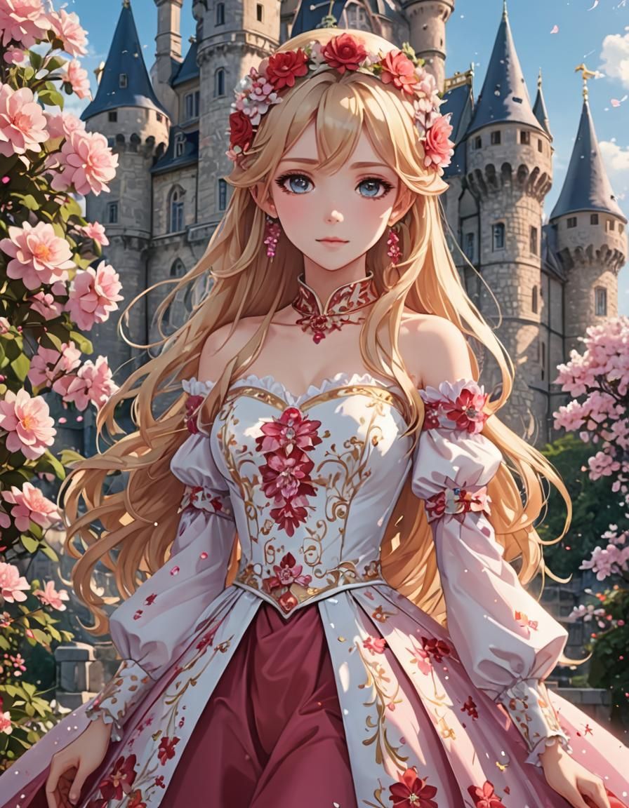 Anime Princess with Long Blonde Hair and Glittering Dress