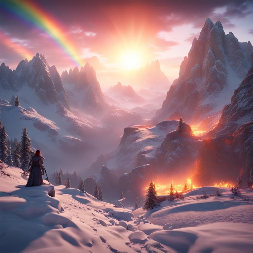 Woman in Fiery Winter Landscape, 3D Game Art