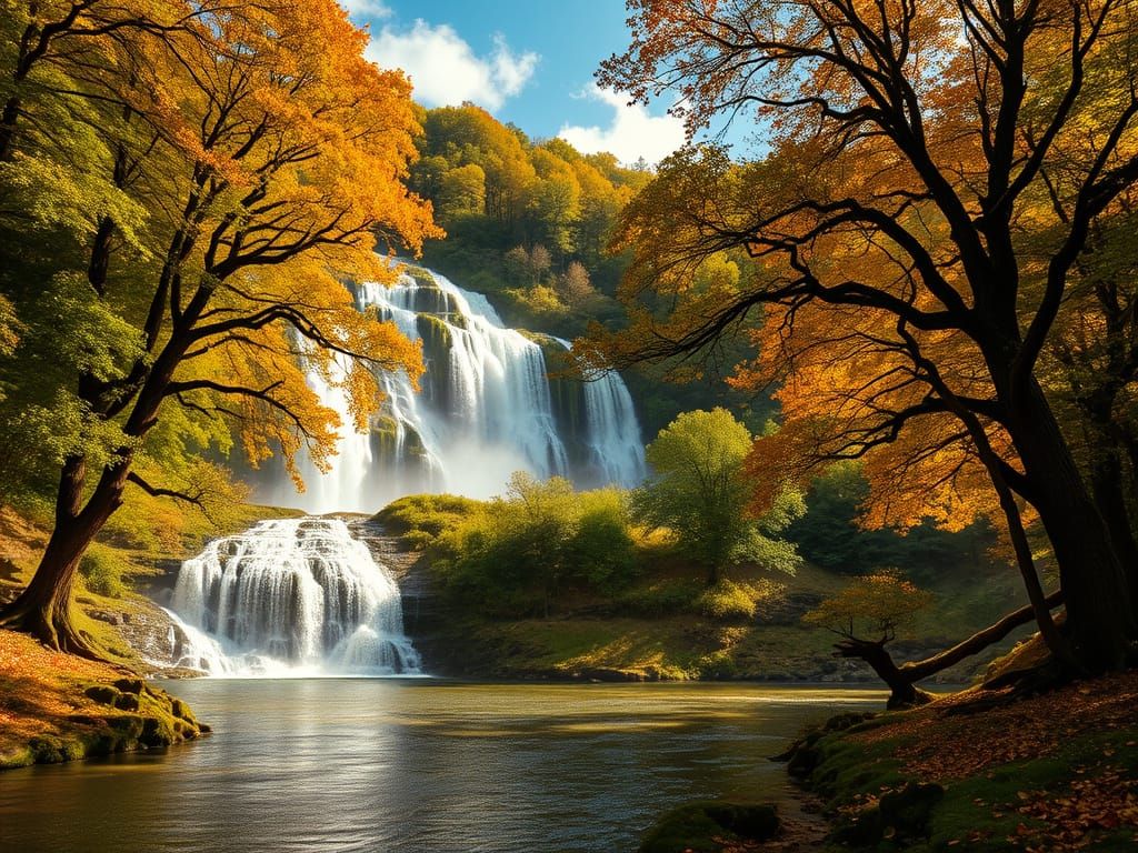 Majestic Waterfalls Amidst Golden Oak and Beech Forest