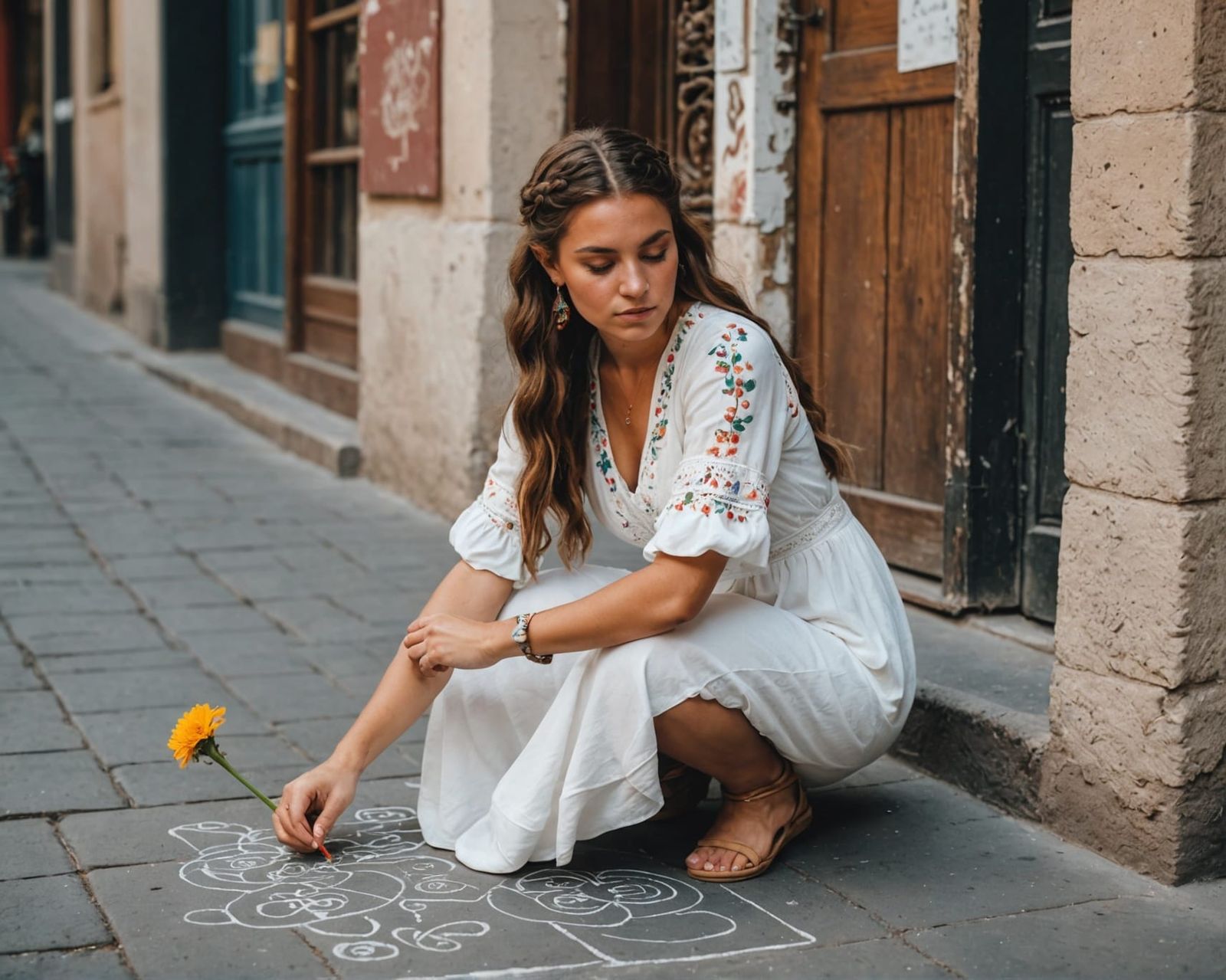 Woman Creates Chalk Art in Spanish Street