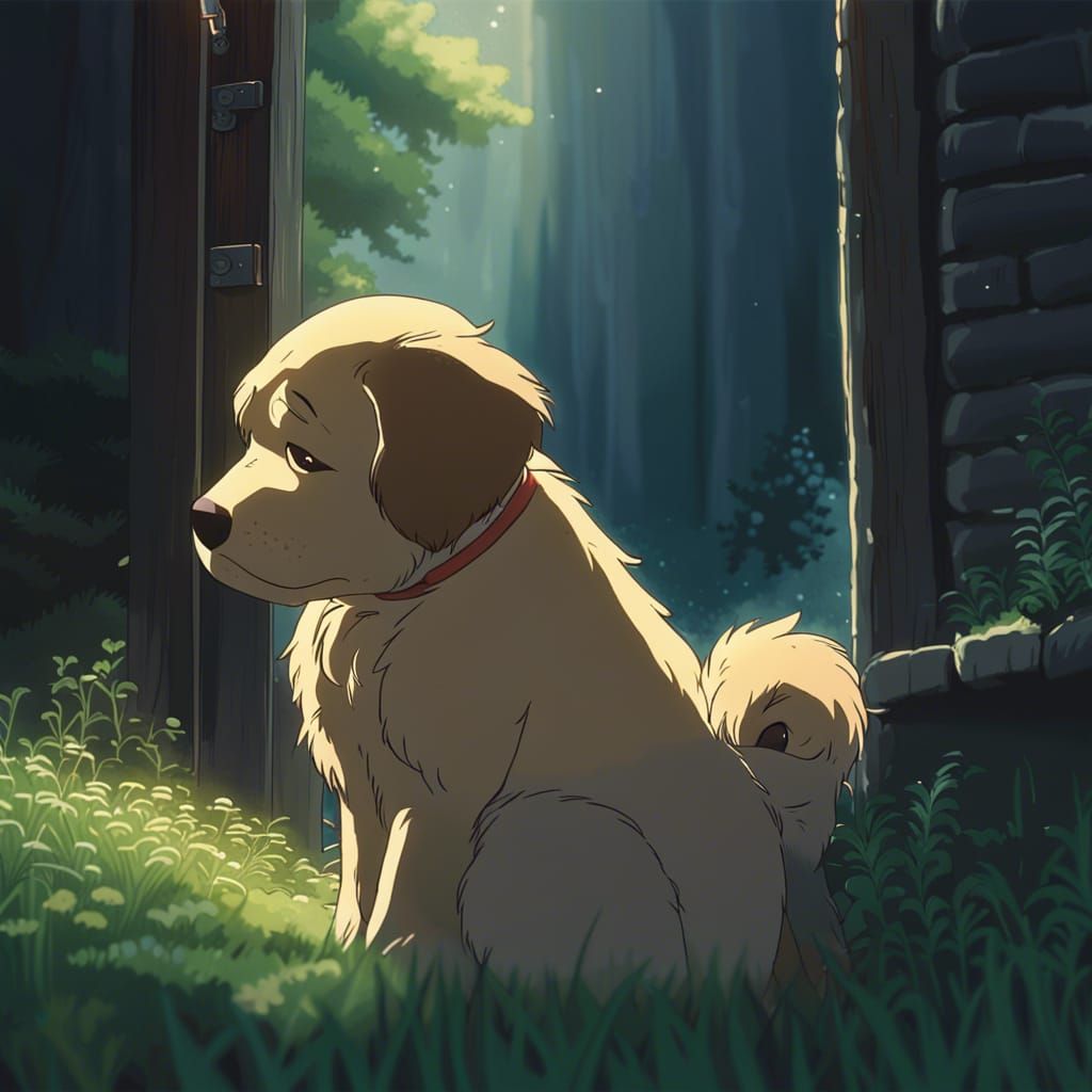 Crying Puppy in Studio Ghibli Anime Style