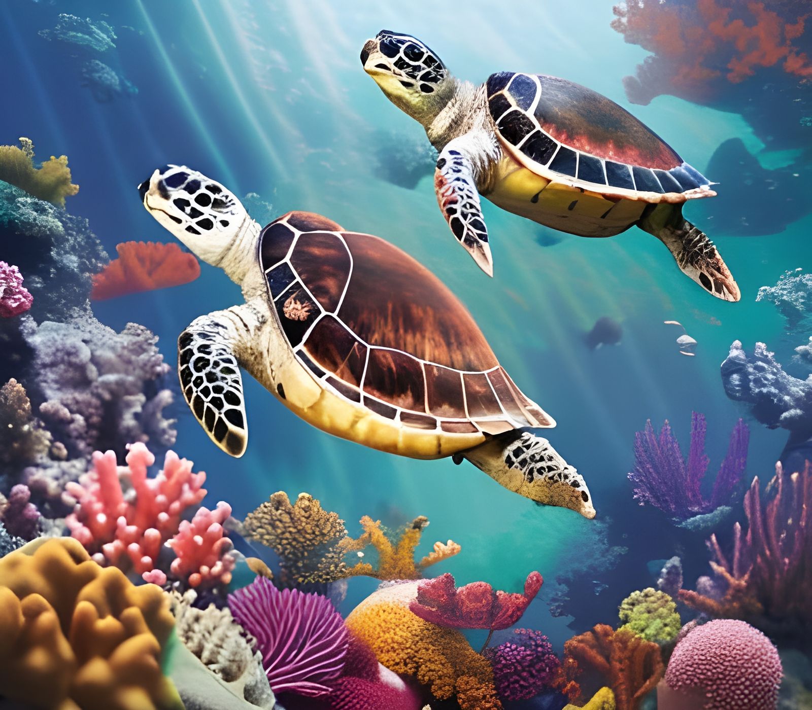 Sea Turtles Swimming in Colorful Coral Reef