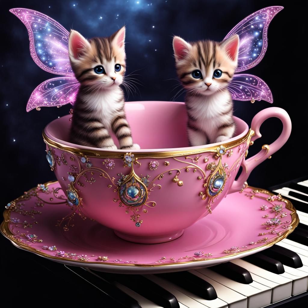 Fairy Kittens in Teacup: Magical Fantasy Scene