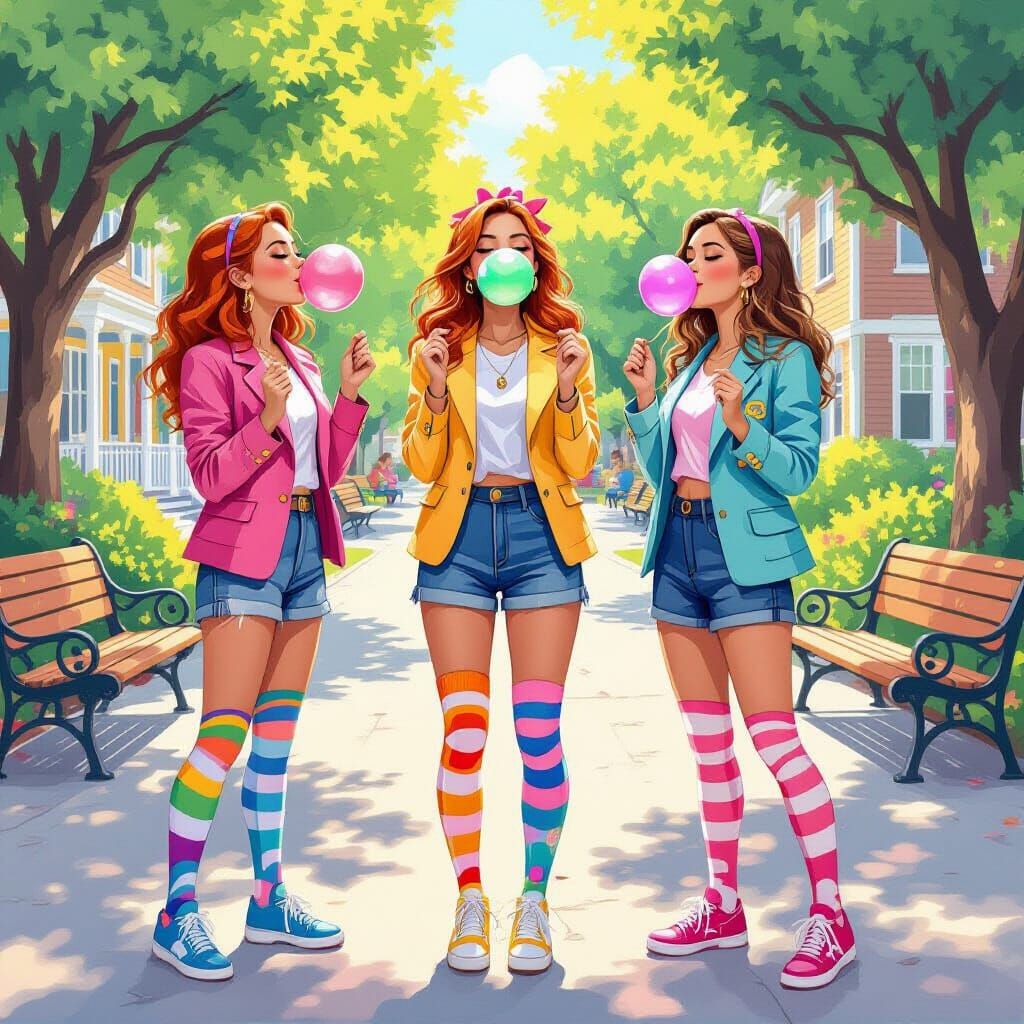 Vibrant Candyland Scene With Women Blowing Bubblegum