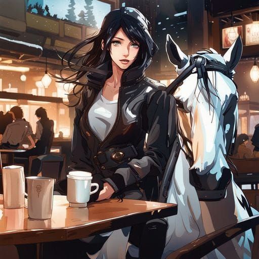 Modern Woman on Horseback Having Coffee, Splash Art Style