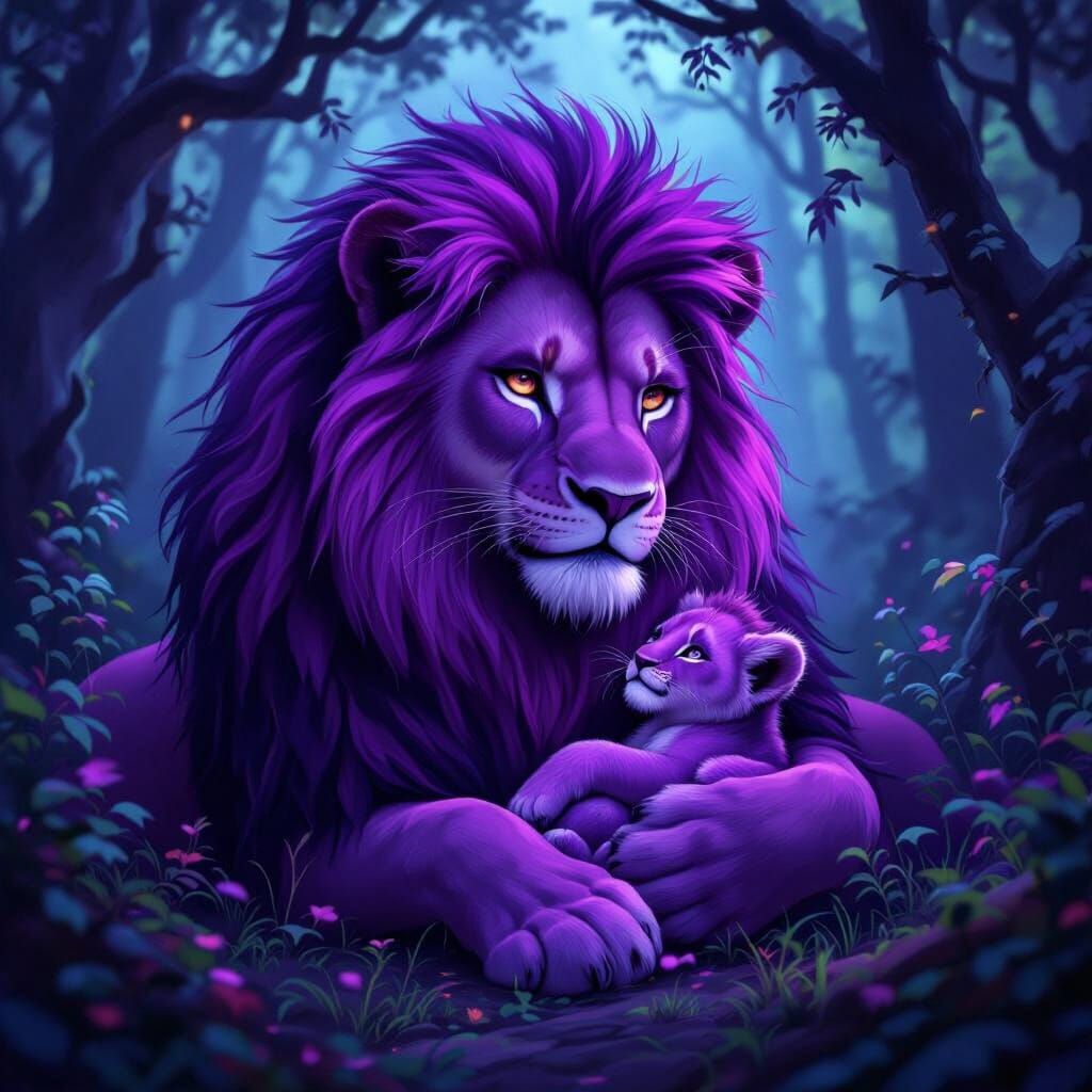Purple Lioness and Cub in Shadow Forest