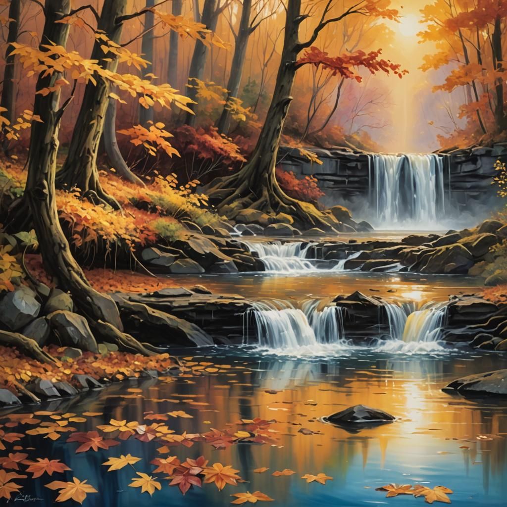 Autumn Waterfall Oil Painting at Sunset