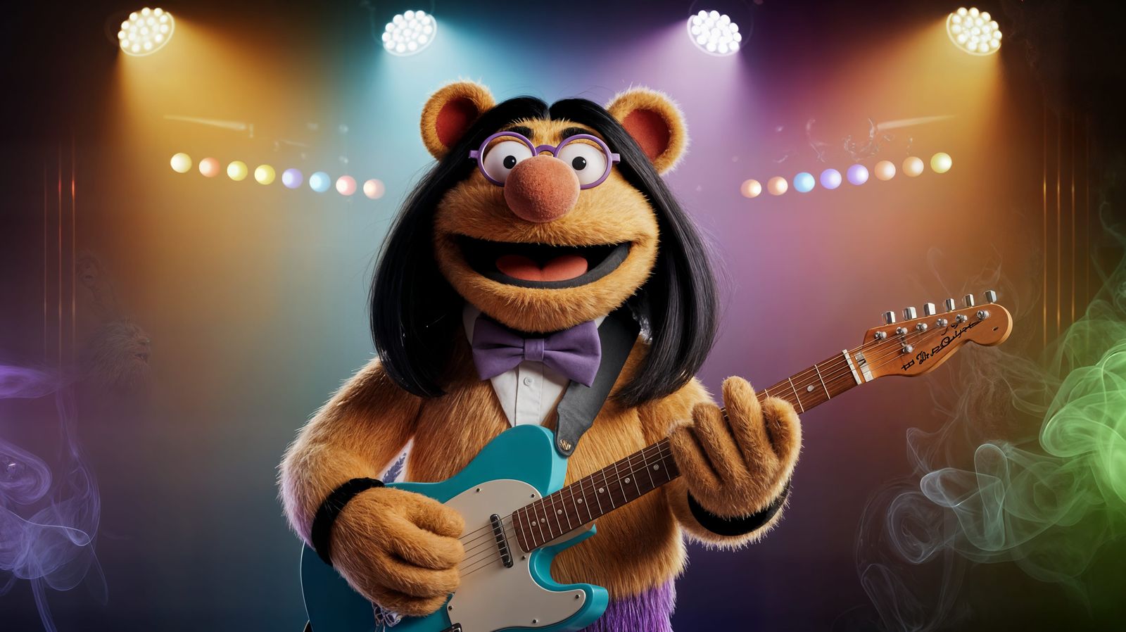 Charismatic Fozzie Bear Rocks Electric Guitar on Vibrant Sta...