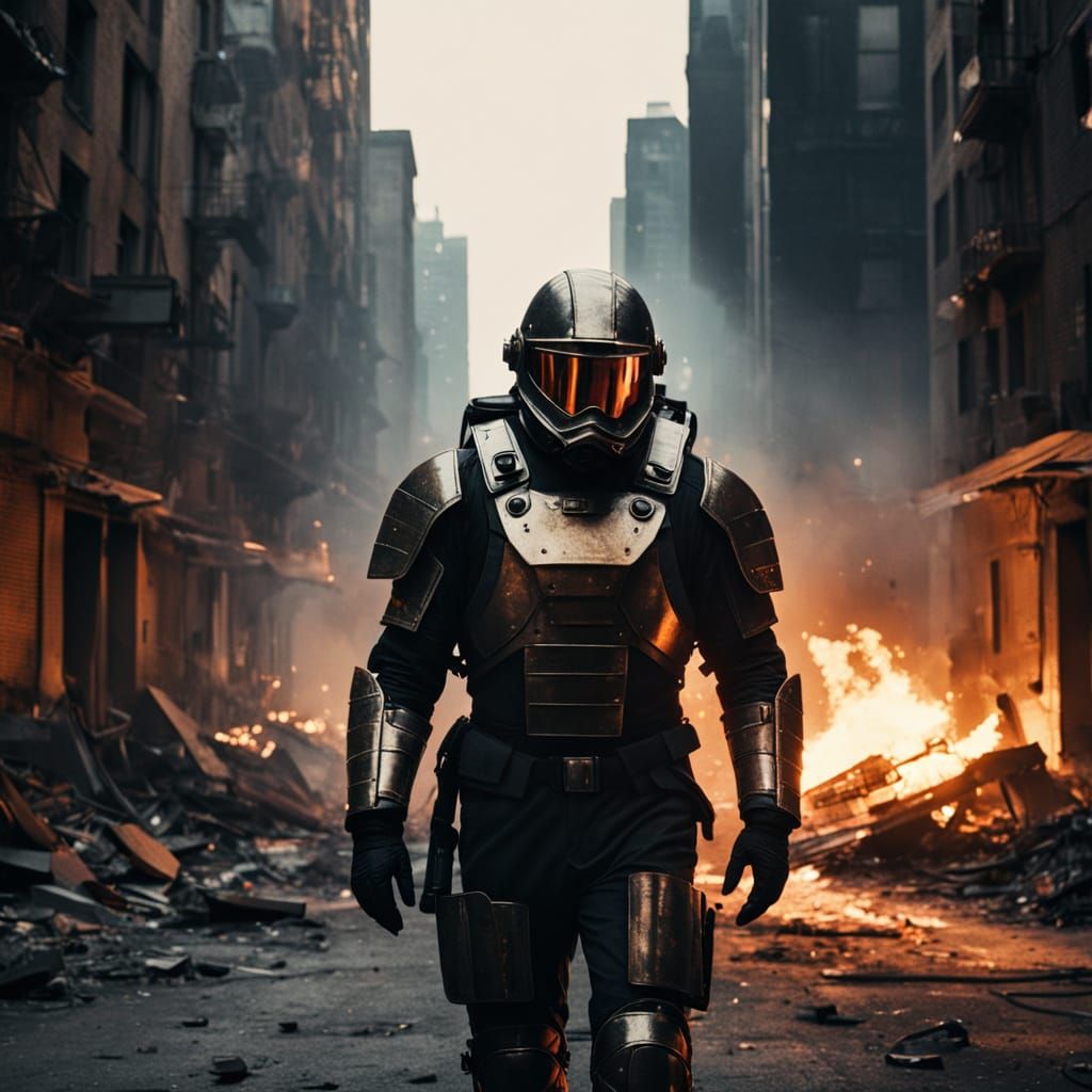 Cyberpunk Hero Walks Amidst Burning Metropolis in Golden Hou...