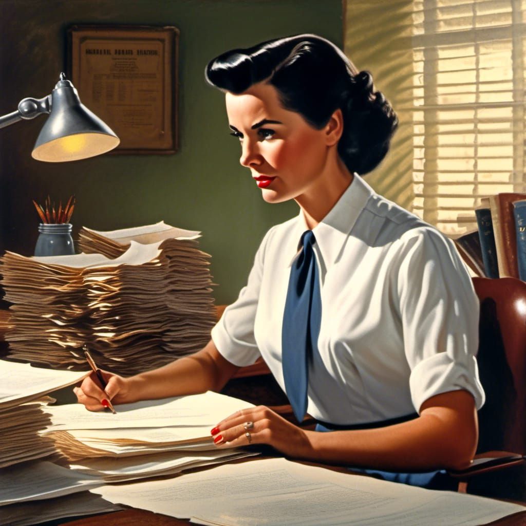 1950s Woman Reading File, Photorealistic Illustration