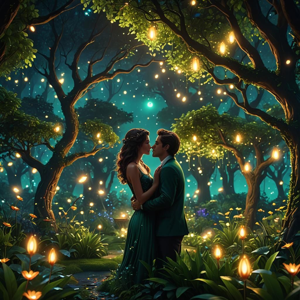 Romantic Couple Kissing in Enchanted Moonlit Garden