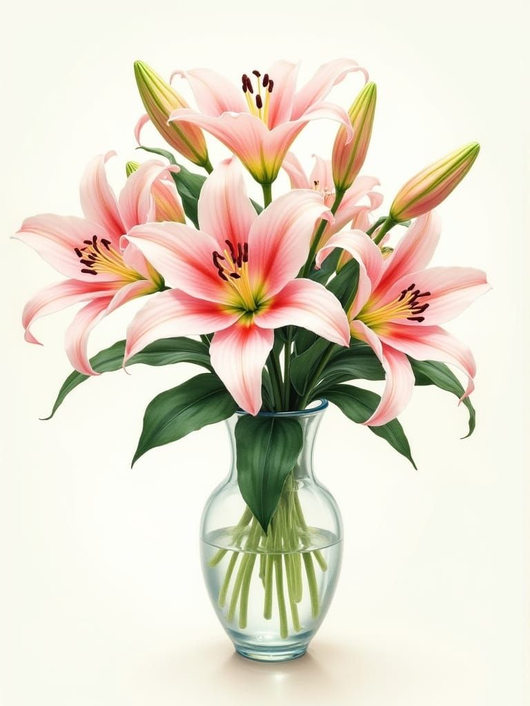 Vibrant Pink Stargazers in Crystal Vase, Watercolor