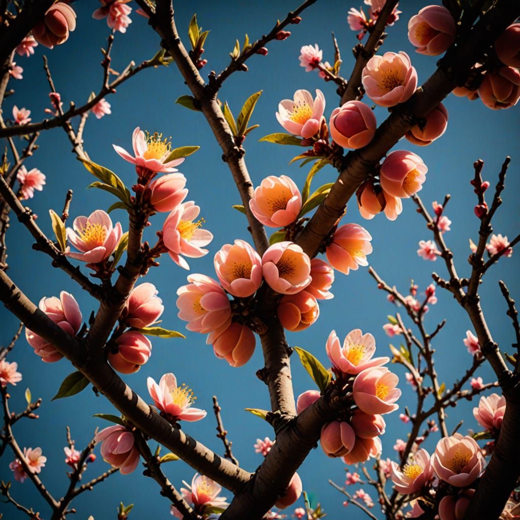 Blossoming Peach Tree in Warm Candlelight