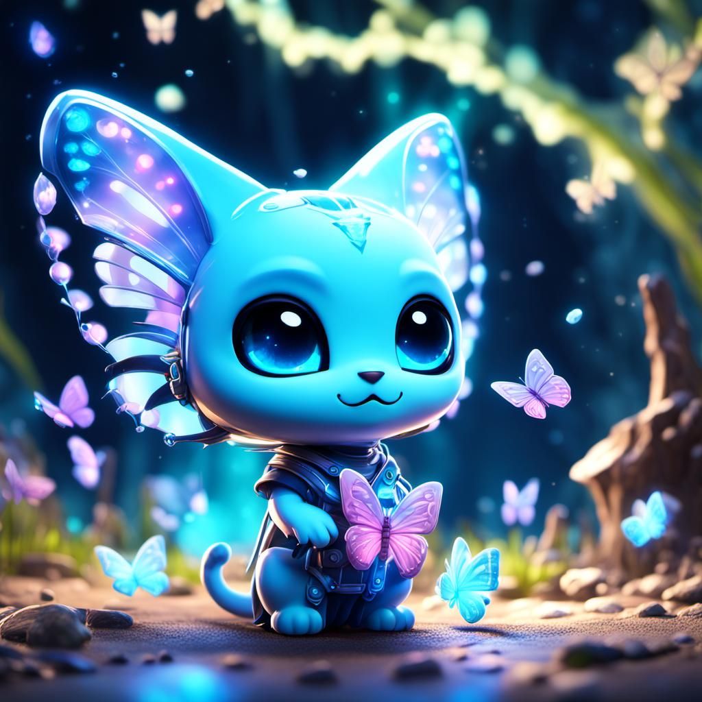 Chibi Alien Kitten and Bioluminescent Butterflies