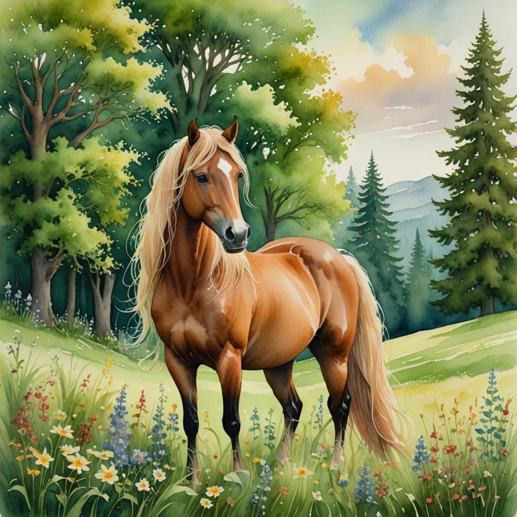Surreal Watercolor Mare in Dreamlike Field