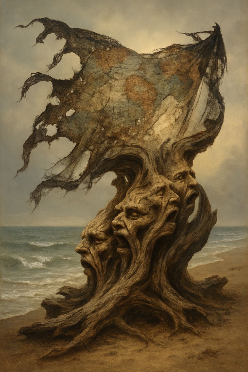 Driftwood Curling Eroded Olde-World Map, Charred and Rusty