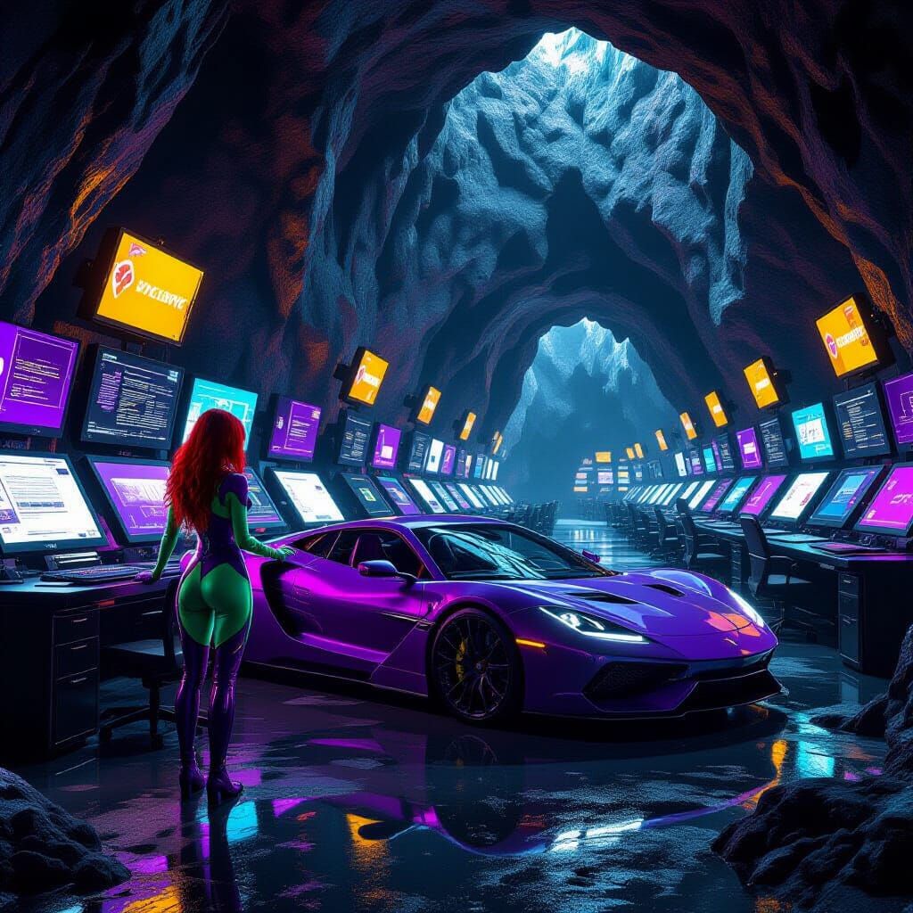 Dark Fantasy Cave with Sports Car and Woman