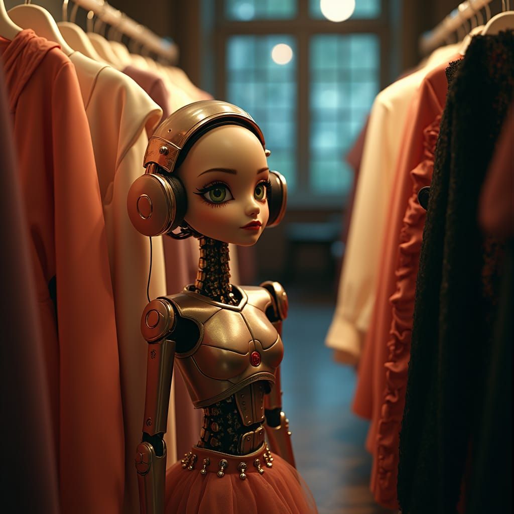 Robot Fashion Stylist Stella Styles: Cinematic Film Still