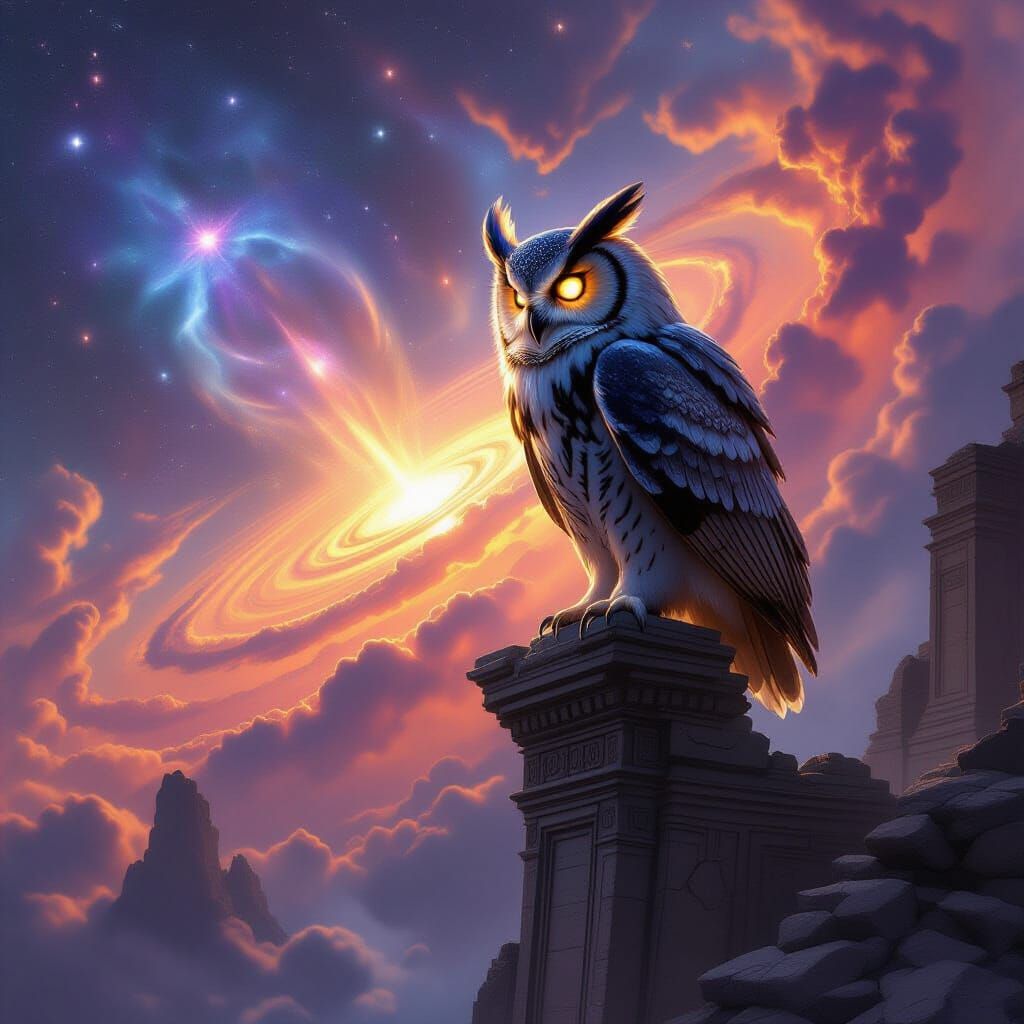 Cosmic Owl Surveys Nebula from Celestial Ruin