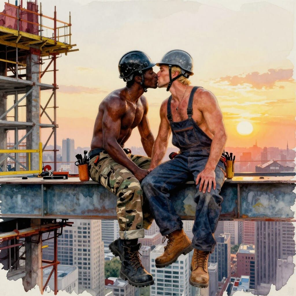 Intimate Kiss on Steel Beam at Sunset