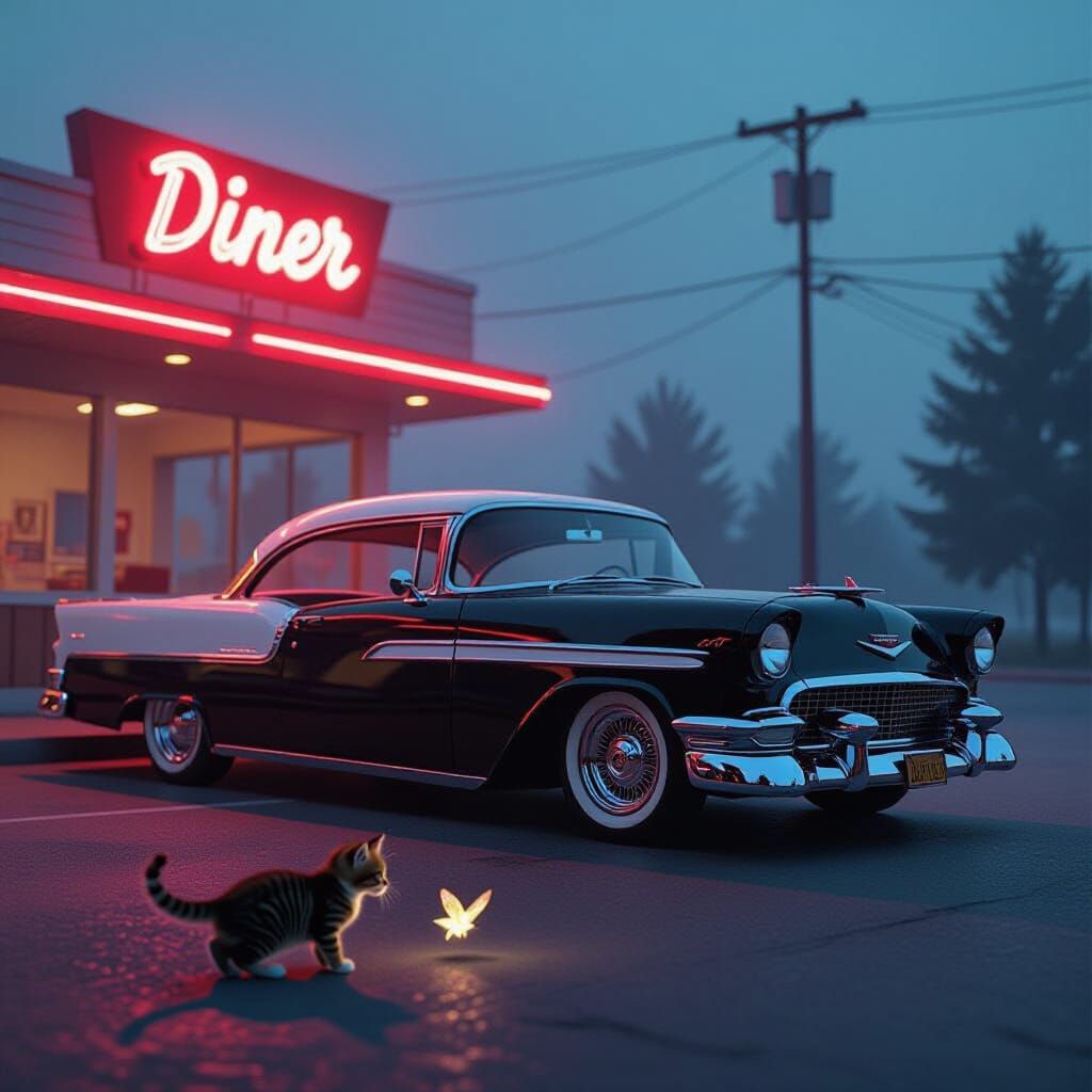 1950s Diner at Dusk with Lowrider and Kitten