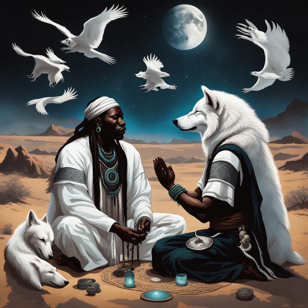 Shaman Prayer with Wolves Under Desert Moon
