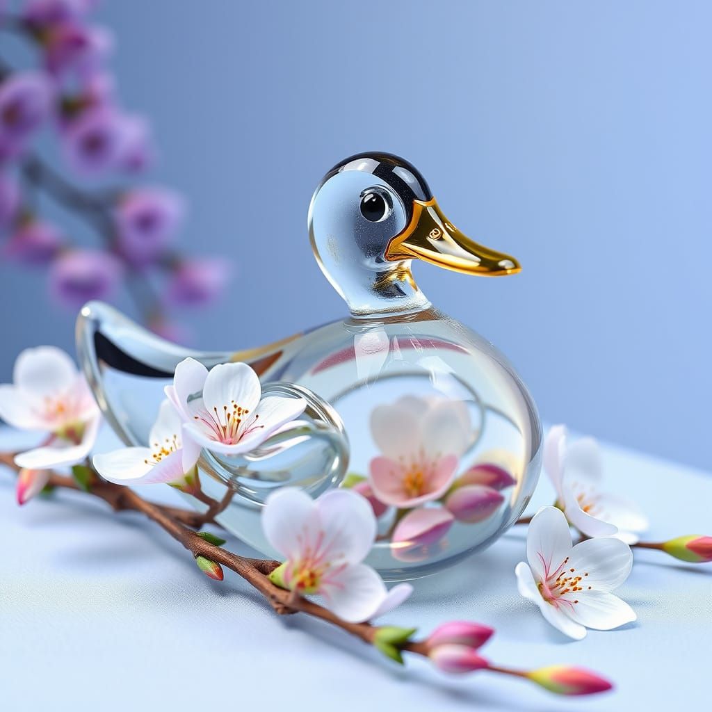 Glass Duck in Floral Blossom Garden