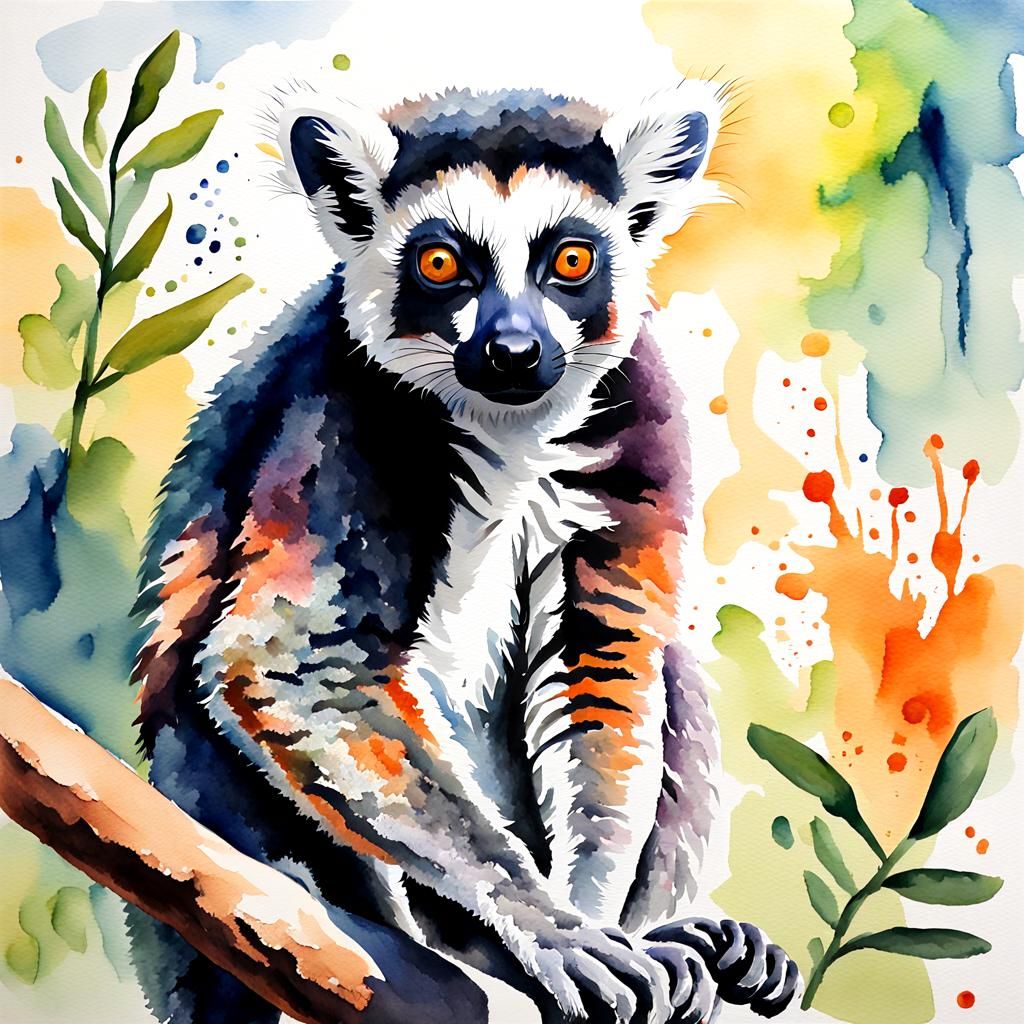 Lemur Portrait in Gouache Watercolor Style