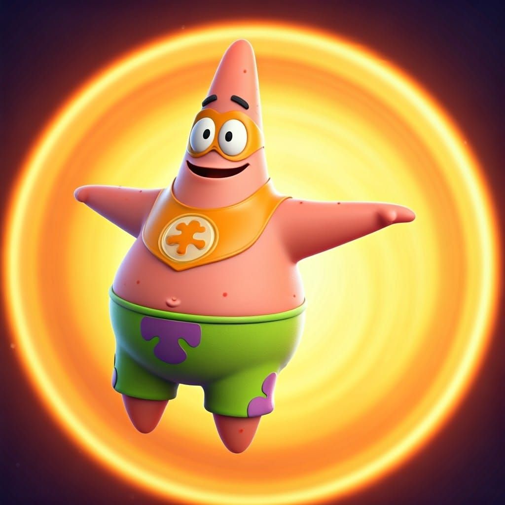 Patrick Star as Flying Superhero in 3D Digital Art