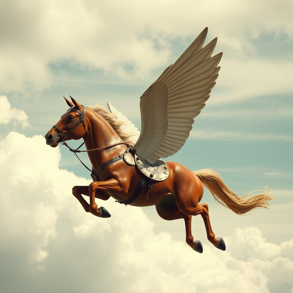 Dieselpunk Flying Horse Soaring Through Clouds
