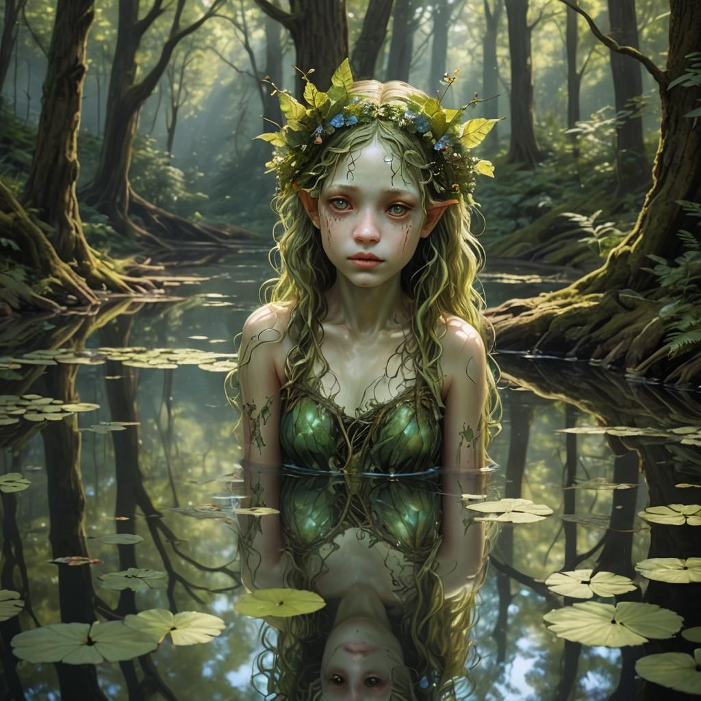 Ethereal Tree Nymph Reflects in Forest Pool