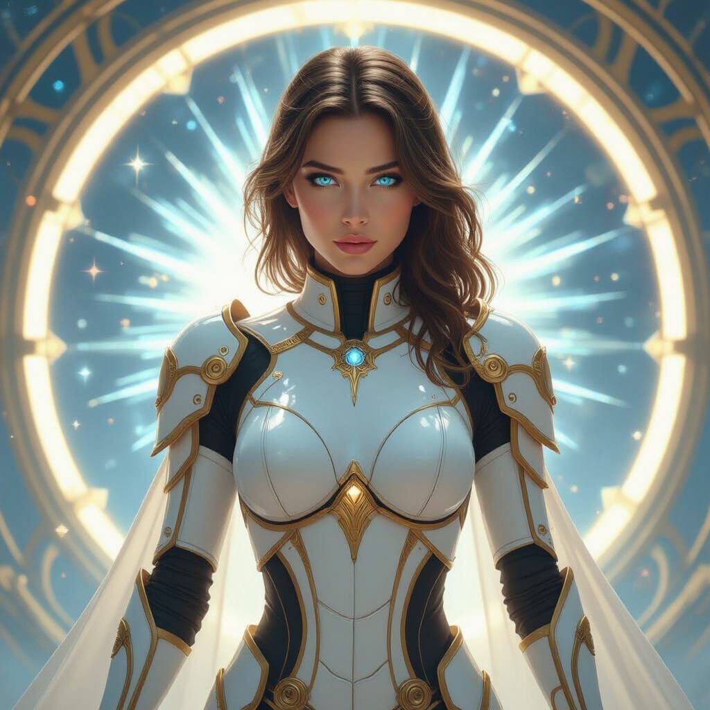 Starseed in Gold Armor with Blue Eyes, Mucha-Inspired
