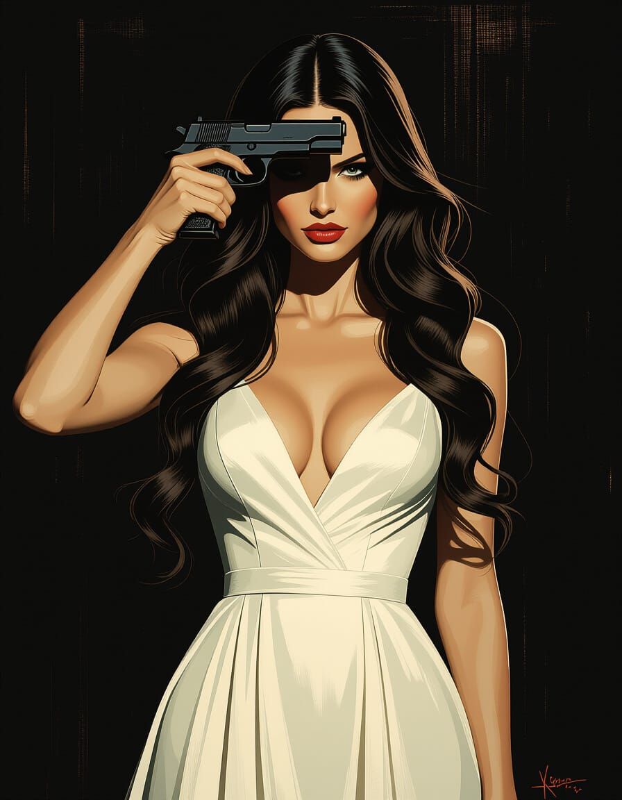 Dramatic Woman with Gun Silhouette in Dark Style