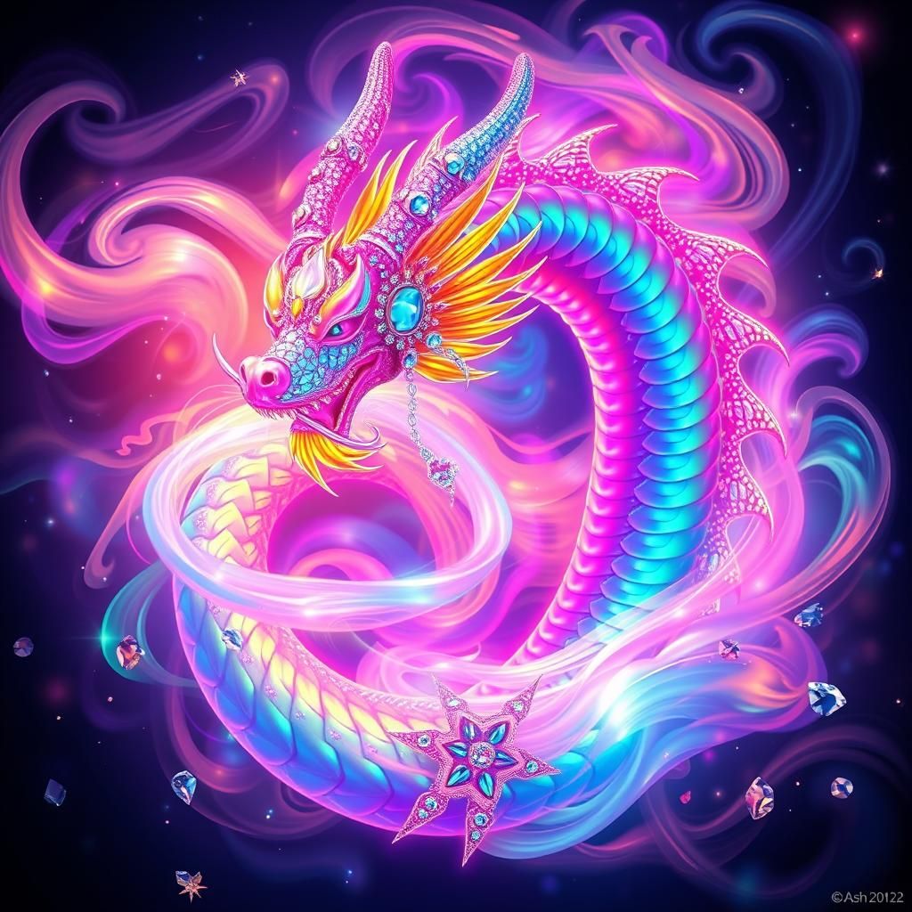 Iridescent Dragon with Crystalline Jewelry in Futuristic Sty...