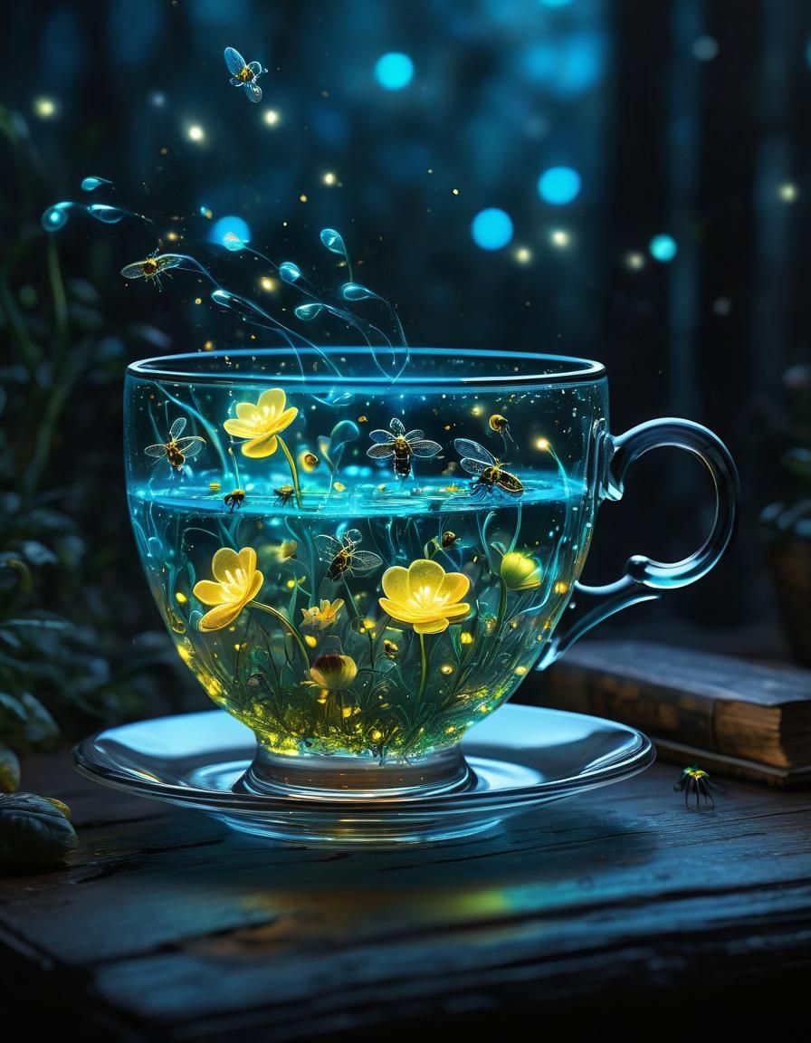 Bioluminescent Flowers and Fireflies in Glass Teacup