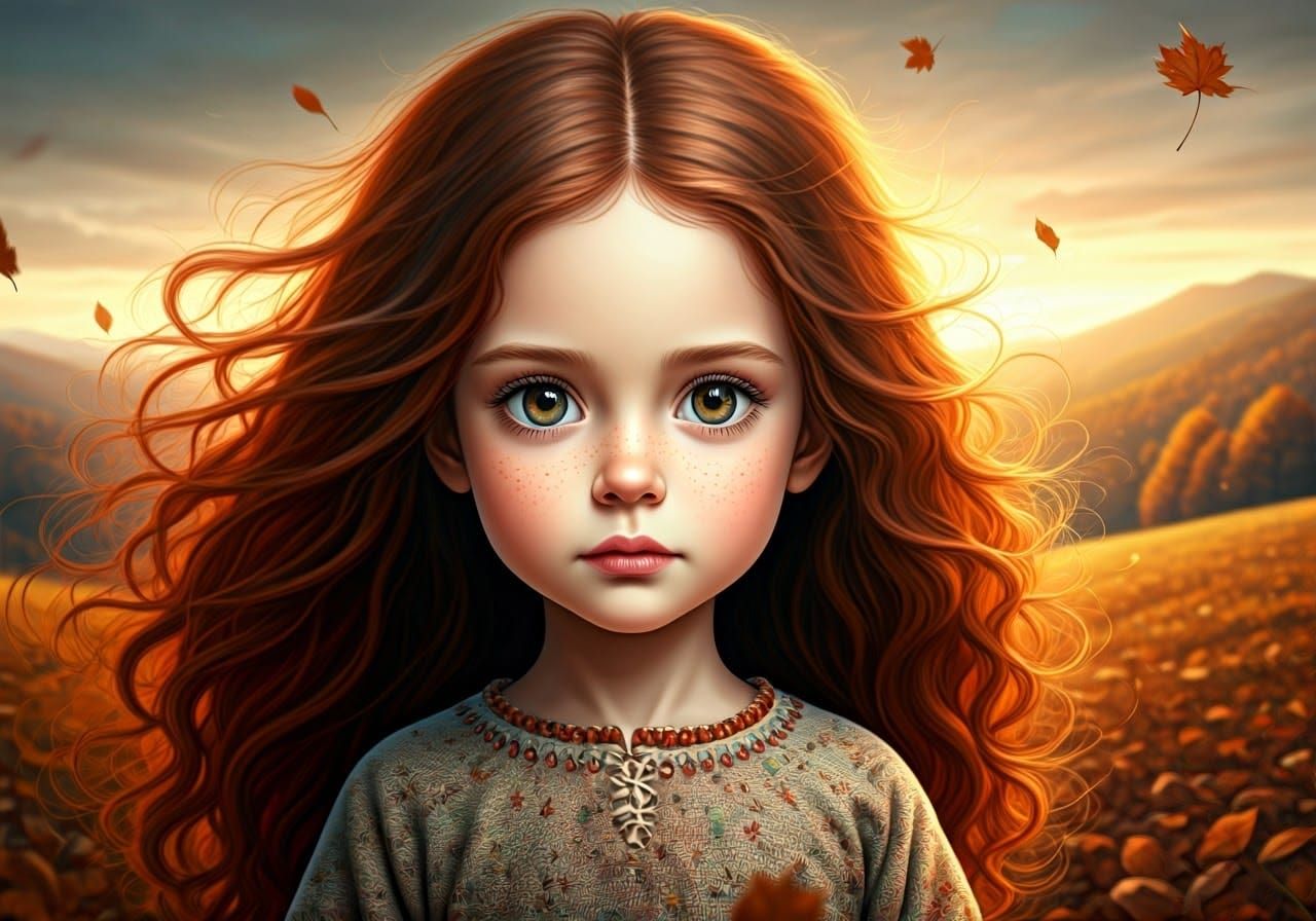 Auburn Girl on Windswept Hill, in Folk-Art Style