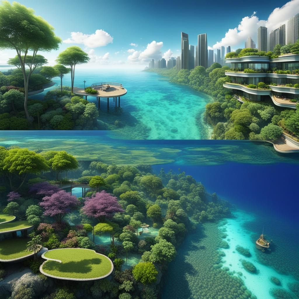 Utopian world, with sea flowing from one to another, beautiful vegetation, and amazing cities and homes.