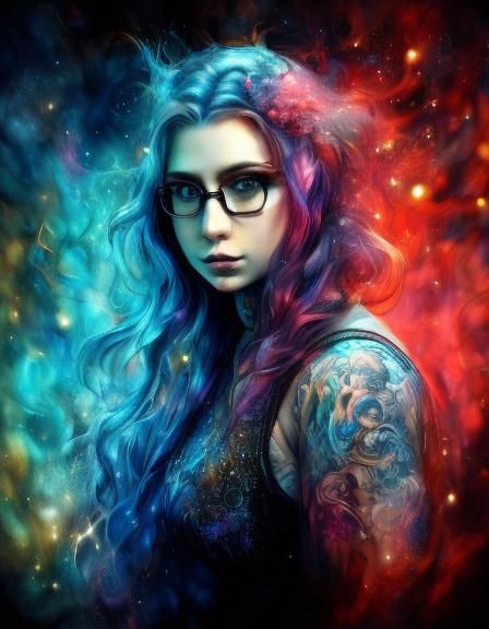 Tattooed Woman Portrait with Alcohol Ink Effects