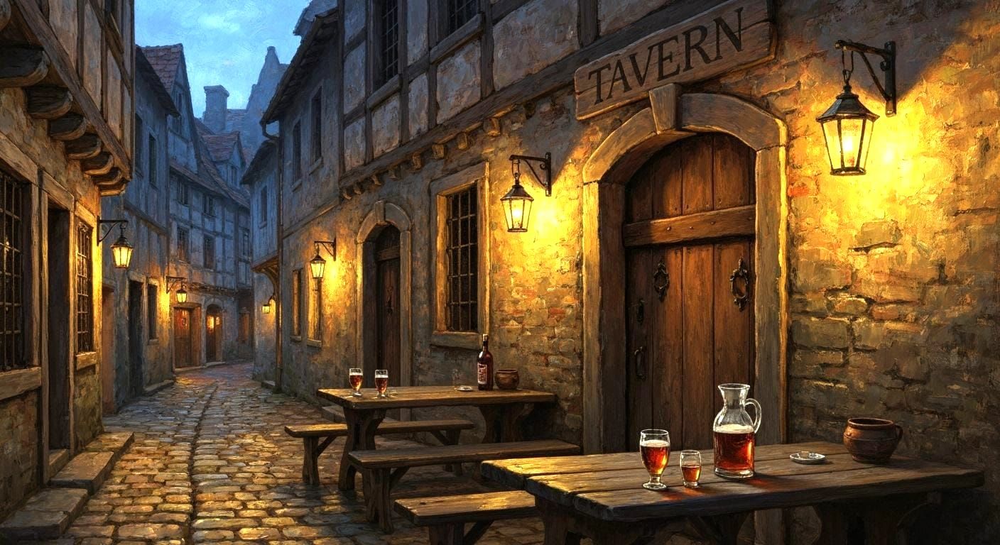 A narrow, winding medieval alleyway at dusk