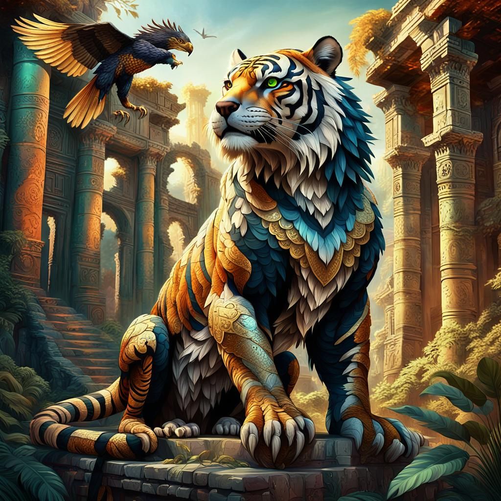 Majestic Tiger Eagle Bear Snake Hybrid in Ruins