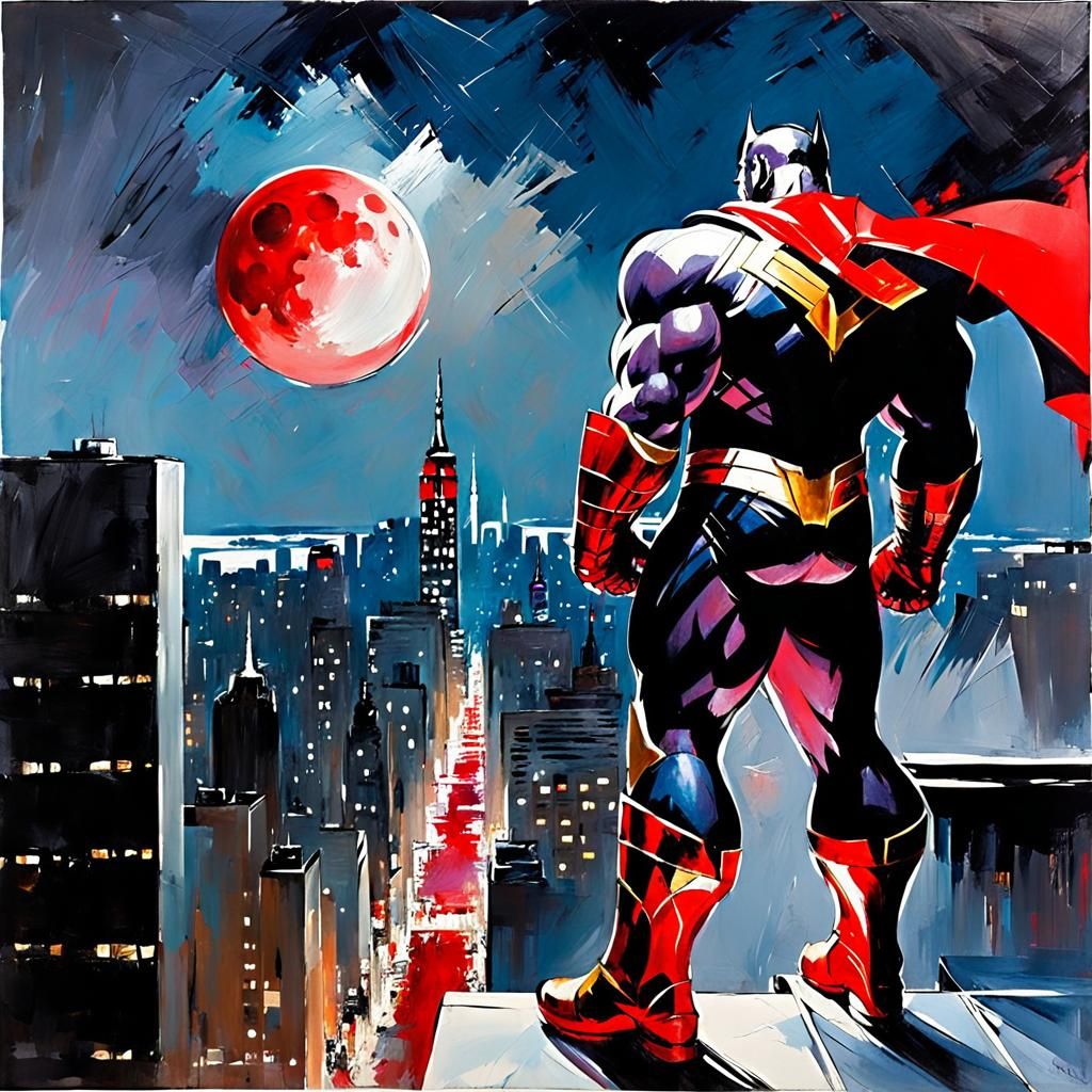 Thanos on Rooftop Under Blood Moon, Oil Painting