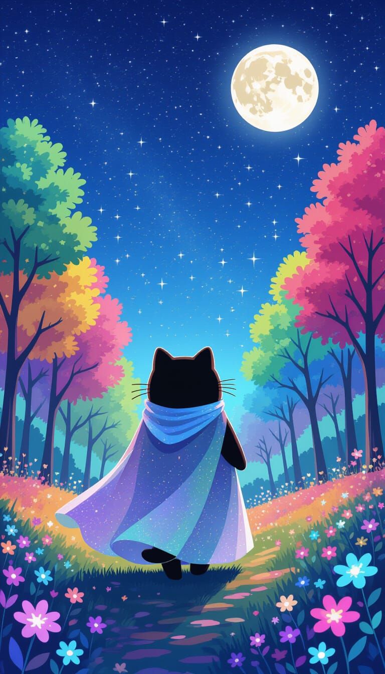 Pusheen's Stardust Forest Walk: Loish-Inspired Art