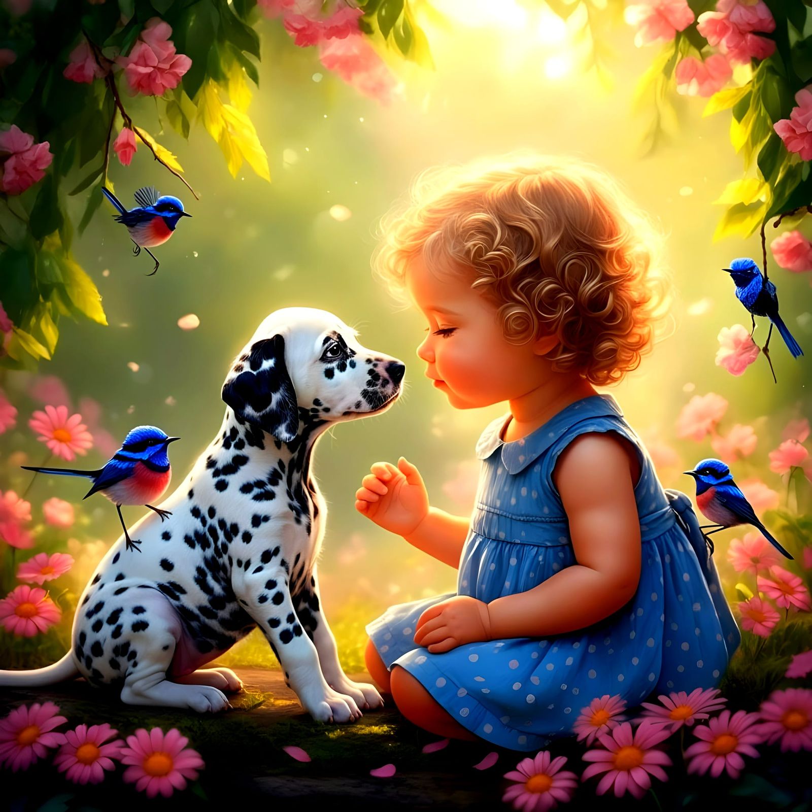 Realistic Toddler and Dalmatian in Vibrant Garden Scene