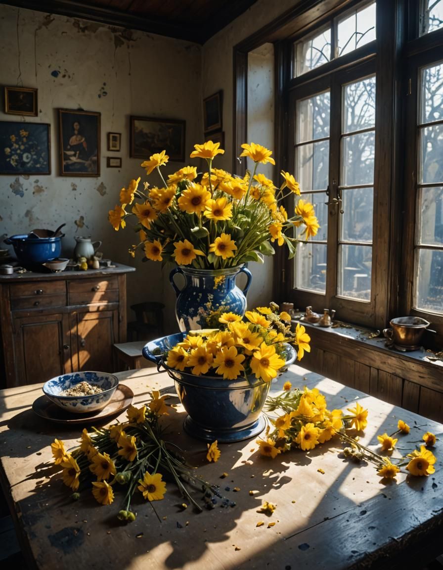 Dried Flowers in Copper Bucket, Hyperrealist Painting