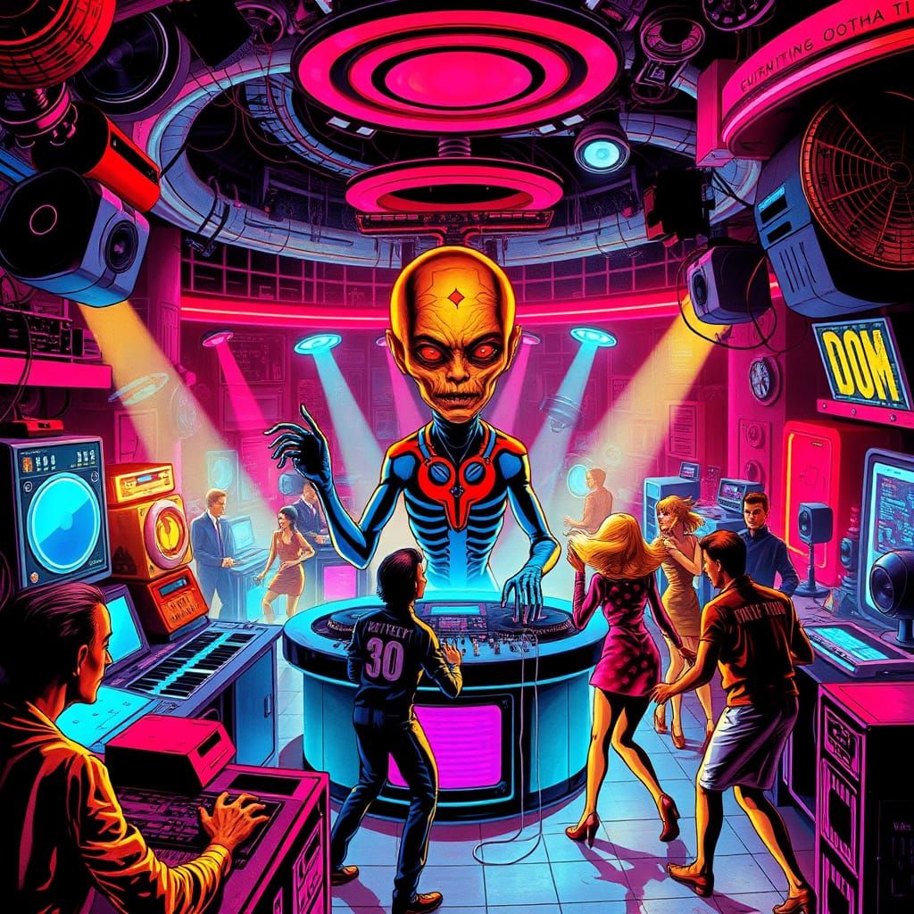 Ethereal Futuristic Club Scene in Neon Hues