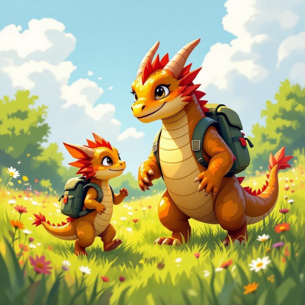 Dragons' Joyful Run Through Lush Meadow