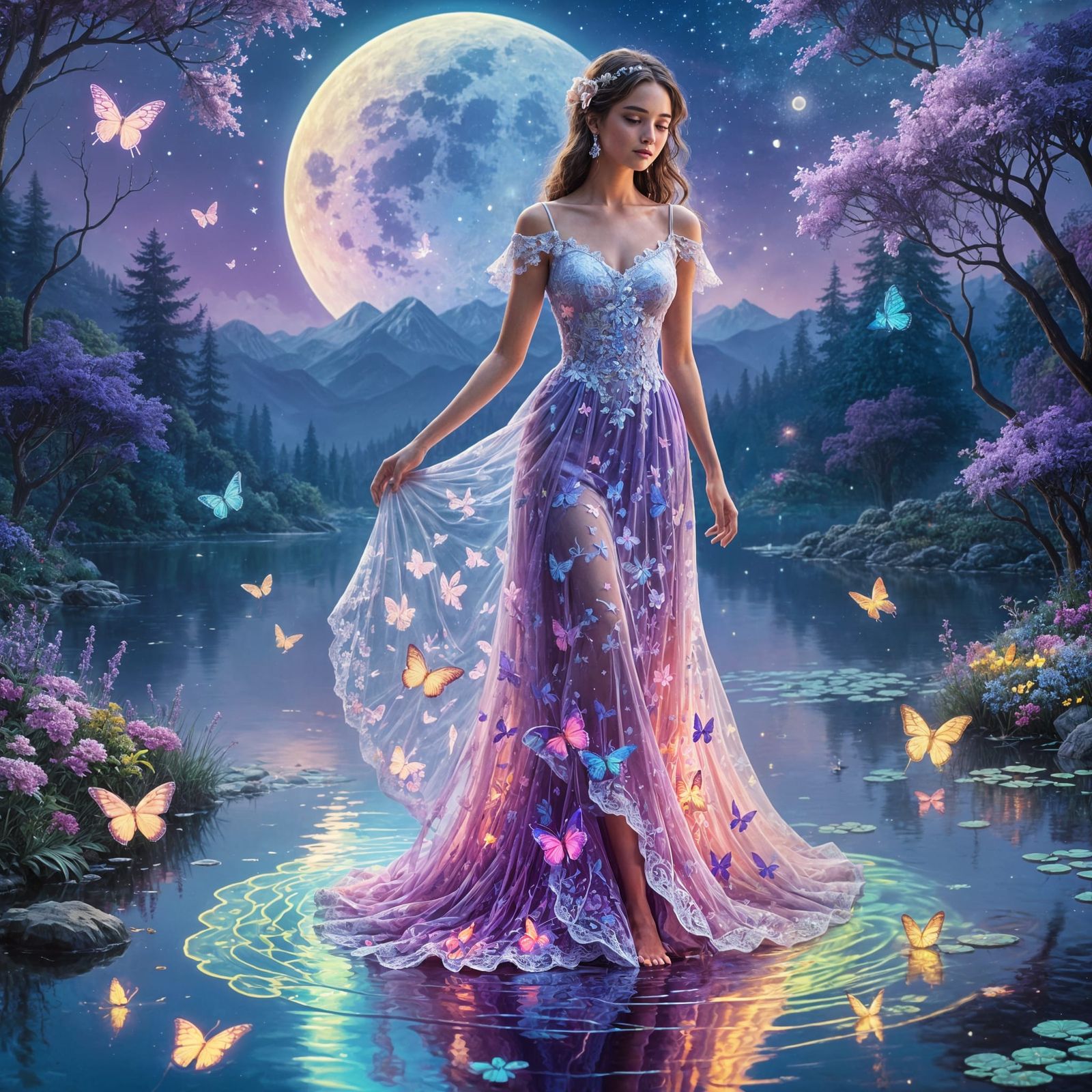 Woman in Neon Lace Dress by Fluorescent Lake