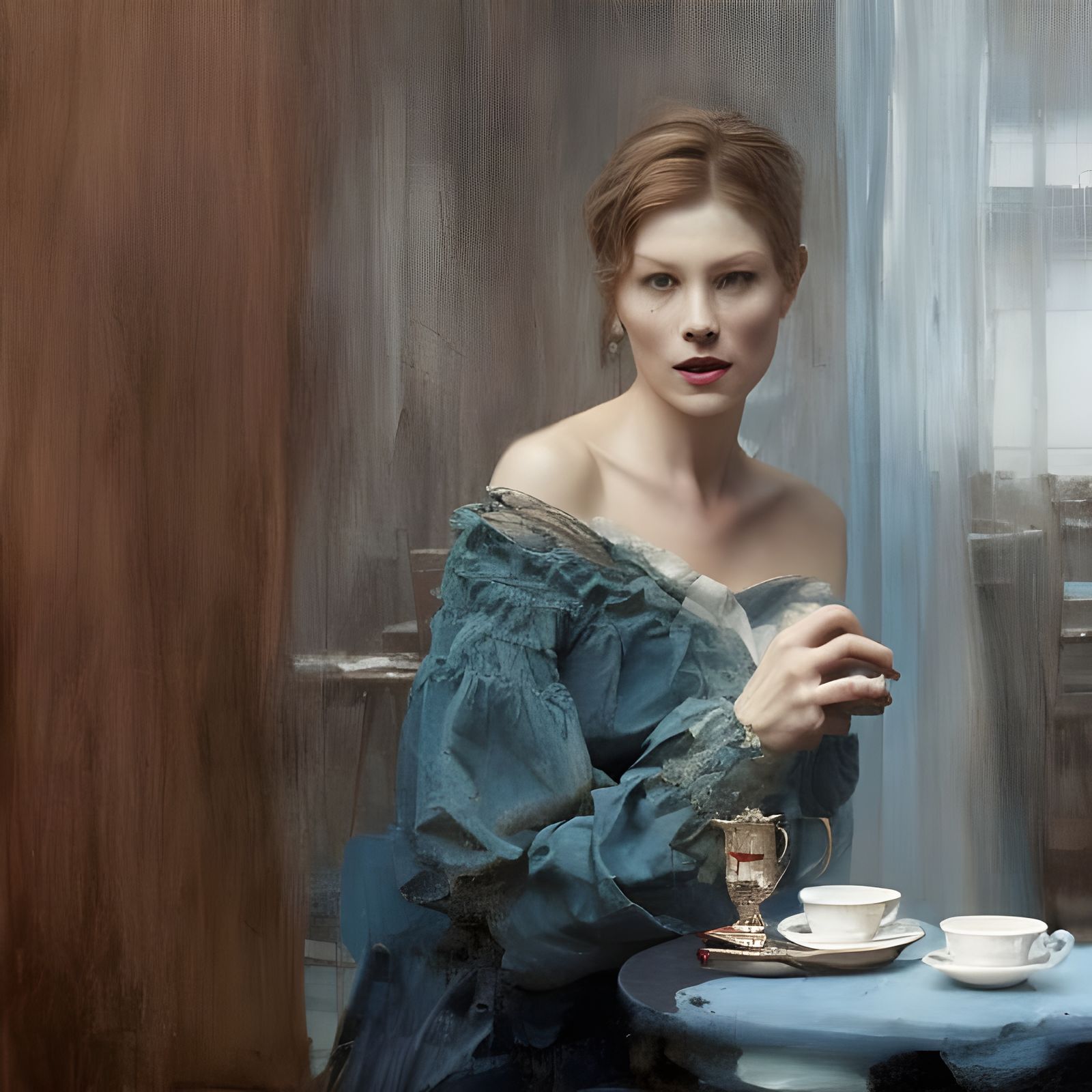 Beautiful Woman in Cafe: Hyperreal Photorealistic Portrait