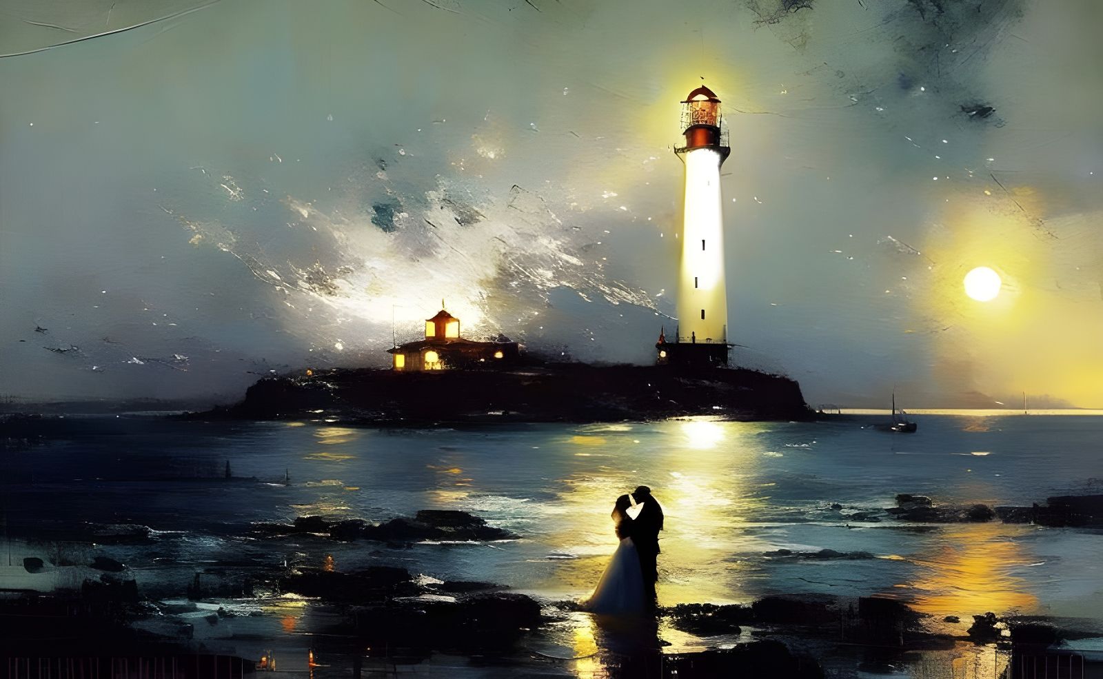 White Ghosts Embrace Under Moonlight, Oil Painting